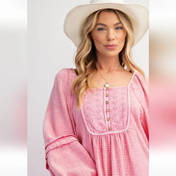 Easel Mineral Washed Cotton Gauze Babydoll Dress Long Sleeve Pink New - Picture 3 of 5